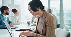 Laptop, meeting and typing with business woman in boardroom of office for report or research. Administration, computer and smile with happy employee in corporate workplace for email communication