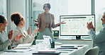 Business woman, screen and applause with team for meeting, presentation or statistics at office. Female person or clapping with corporate graph, chart or data for company profit, growth or revenue