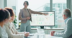 Business woman, screen and presentation with team for meeting, statistics or analytics at office. Female person showing corporate graph, chart or data on monitor for company profit, growth or revenue