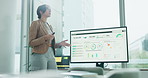 Computer screen, prepare and presentation with business woman in boardroom, getting ready for pitch. Dashboard, data and global report with financial employee at work to practice for client meeting