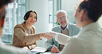 Happy business people, handshake and applause with meeting for promotion, teamwork or congratulations at office. Group of young employees shaking hands and clapping for deal, agreement or partnership