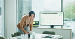 Computer screen, notes and presentation with business woman in office, getting ready for pitch. Dashboard, data and international report with finance employee at work to practice for client meeting