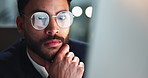 Reading, computer and businessman in office at night for corporate budget report deadline. Thinking, glasses and male financial analyst working overtime for company investment analysis on desktop.