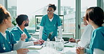 Hospital, monitor or presentation with doctors and nurses in hospital for surgery workshop. Coaching, meeting or x ray with professional people in clinic for healthcare or medical breakthrough