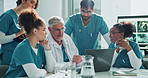 Healthcare, team or doctor with laptop for discussion in boardroom with nursing training or surgery planning. Medicine, students or diversity group with mentor for medical brainstorming or explaining