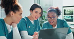 Nurse, team and women with laptop for discussion in boardroom with explaining medical research and surgery planning. Medicine, professional and group with healthcare brainstorming for student exam