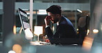 Computer, night and stress with business man in office for administration or reporting deadline. Burnout, eye strain or headache and employee with anxiety in workplace for late evening overtime