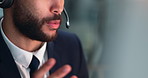 Business, man and talking in call centre with microphone, legal representative and advice for attorney counsel. Customer care, discussion and answer faq with help desk, support and agent mouth