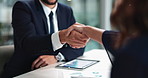 Business people, hands and handshake for project, proposal or partnership together in office. Businessman, tablet and graphic for deal, budget agreement and teamwork with collaboration or b2b goal