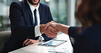 Business people, hands and handshake for agreement, proposal or partnership together in office. Businessman, tablet and graphic for deal, project budget and teamwork with collaboration or b2b goal