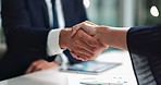 Business people, hands and handshake for partnership, proposal or agreement together in office. Businessman, tablet and graphic for deal, project budget and teamwork with collaboration or goal