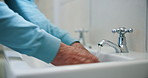 Senior person, water and washing hands in bathroom for hygiene, safety and skincare in nursing home. Elderly adult, faucet and palm cleaning for bacteria or dirt removal, healthcare and wellness