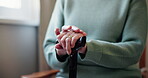 Balance, hands and walking stick with senior person in bedroom of retirement home to relax. Cane, healthcare and support with elderly resident in assisted living apartment for medical recovery