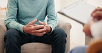 Hands, anxiety and person at psychology for session with mental health, depression or grief. Healthcare, psychiatry chart and nervous patient with therapist for emotional counseling at consultation.