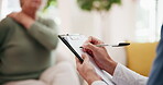 Hand, clipboard and caregiver writing for medical consultation, patient assessment and medicine plan. Elderly, woman and nurse with document for health questions, surgery schedule and trust at house