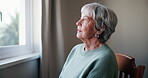 Lonely, senior woman or remember with thinking of memory, mental health or nostalgia with dementia in retirement. Alzheimer, elderly person or reflection with waiting or walking stick in nursing home