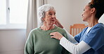 Caregiver, senior woman and happy in bedroom at nursing home for health check, update and report. People, nurse and pensioner in conversation at retirement house for support, care and healthcare