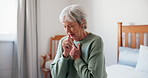 Sick senior woman, pain and cough in bedroom for heart attack, breathing problem and tuberculosis. Elderly female person, lung infection or asthma in home with retirement, bacteria and health risk