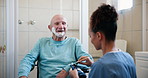 Cleaning, routine and senior man with healthcare from caregiver with help for patient with dementia. Medical, skincare and hygiene support with nurse in bathroom for wellness in retirement with cloth