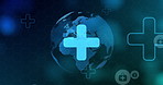 Medical, background and globe of earth with icon for first aid, network and global healthcare service. Medicine, design and graphic with symbol by planet for networking, wallpaper or science research