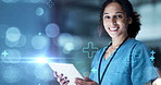 Woman, doctor and portrait with overlay or tablet for electronic health records, result and patient diagnostics. Female medical worker, online and technology in hospital for career or job healthcare.