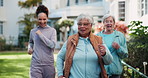 Senior women, power walk and group in park with exercise, nature and health with retirement. Elderly friends, steps and happy with training, workout and together for support in nature and routine