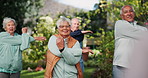 Nature, class and senior people stretching arms for fitness exercise in group at outdoor park. Health, active and elderly friends in retirement with warm up workout for wellness in field in morning.