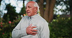 Senior man, nature and hand with chest pain in exercise for healthcare, cardiac arrest and emergency. Outdoor, fitness and person with breathing in park for heart attack, fatigue and medical problem