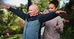 Senior man, coach and stretching arms for exercise outdoor with healing, rehabilitation training and mobility. Elderly, person and instructor for fitness class, shoulder workout or wellness support