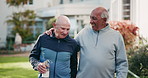 Fitness, walk and senior friends laugh at funny joke, hug and bonding at retirement house. Water bottle, elderly men and conversation for healthy body, wellness exercise or physical therapy at garden