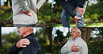 Body pain, collage and senior men outdoor at park for exercise, fitness or wellness in retirement. Anatomy, health and inflammation with elderly people in garden or nature for training accident