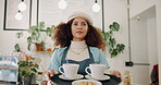 Black woman, carrying and food with coffee for order in cafe of customer service, breakfast brunch and meal delivery. Female waitress, server and beverage or product plate of hospitality distribution