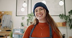 Smile, woman and face of barista in coffee shop for hospitality career with apron in Australia. Smile, service and portrait of waitress working with tablet for pride in cafe, diner or restaurant.