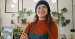 Woman, face and barista with confidence, small business and arms crossed as entrepreneur in cafe. Female person, waitress and pride in industry, hospitality or customer service with happiness at work