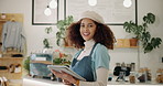 Smile, black woman and face with tablet in cafe for online order management, inventory control and schedule delivery. Happy, waitress and digital for e commerce web, menu specials and food service 