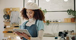 Black woman, business owner and scroll on tablet in cafe for  order management, inventory control and schedule delivery. Smile, waitress and digital for e commerce web, online menu  and food service 