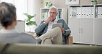 Help, man and psychologist with tablet listening to woman in office for counseling, retirement advice or support. Service, therapist and senior patient for diagnosis, communication or rehabilitation