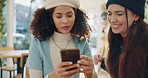 Women, friends and texting with phone in coffee shop for message, communication and post on media. Happy, people and relax with tech in restaurant for dating app, registration and online profile info