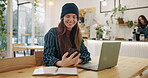 Laptop, phone and woman customer in coffee shop for blogging, remote work or study assignment. Computer, notebook and streaming with happy person in cafe or restaurant for freelance employment