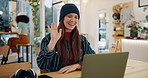 Happy, girl and video call with laptop in coffee shop for academic coaching or mentorship and study session. Woman, technology and internet in cafe for online learning, tutoring and consultation.