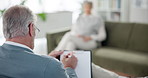 Help, psychologist and taking notes with woman in clinic for counseling, retirement advice or support. Service, senior patient and therapist with notebook for diagnosis, communication or listening