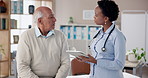 Consultation, elderly man and doctor with tablet for medical insurance information at clinic. Checkup, healthcare and cardiologist with senior patient for diagnosis on digital technology in office.