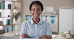 Office, smile and face of black woman with arms crossed for therapy, confidence and support service. Happy, therapist and portrait with pride at work for psychology, career and mental health help