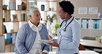 Doctor, tablet and senior woman with advice in clinic, appointment or wellness for elderly care. Female people, tech and patient as medical professional, staff or support in hospital for test results