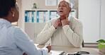 Senior, man and doctor in consultation for sore throat with infection, discomfort or checkup for thyroid cancer. Elderly patient, medical professional or writing symptoms notes for diagnosis and help