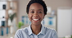 Office, happy and face of black woman with arms crossed for psychology, confidence and support service. Smile, therapist and portrait with pride at work for therapy, career and mental health care