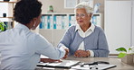 Senior woman, doctor and handshake for legal paperwork, consent forms or life insurance documents for surgery. People, consulting and medical administration for elderly support, agreement or contract