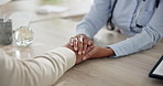 Holding hands, doctor and old woman with healthcare, closeup or cancer diagnosis. Professional, medical or patient with retirement, wellness and advice for illness, compassion or treatment in clinic