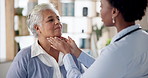 Senior woman, nurse and check throat in clinic for healthcare, diagnosis and consultation. General checkup, elderly person and doctor in office for mumps, retirement care and swollen lymph nodes