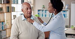 Senior man, nurse and check heartbeat in clinic for healthcare, cardiology and consultation. General checkup, elderly person and doctor in office for diagnosis, retirement care and breathing test